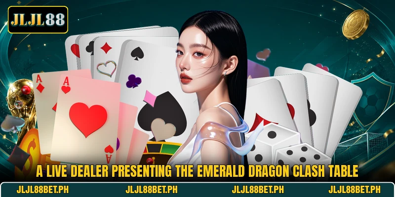 A live dealer presenting the Emerald Dragon Clash table A live dealer presenting the Emerald Dragon Clash table