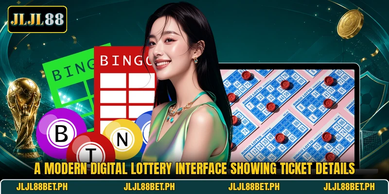 A modern digital lottery interface showing ticket details A modern digital lottery interface showing ticket details
